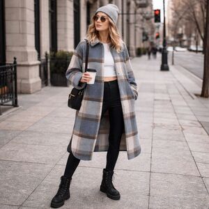 H&M Conscious Oversized Wool Blend Plaid Long Coat Shacket Blogger L